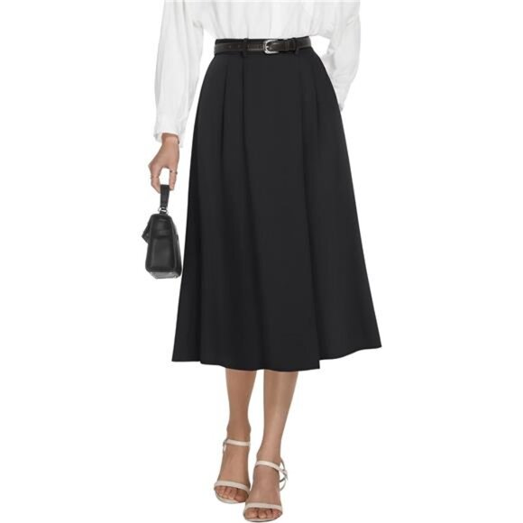 Women's High Waisted Midi Skirts with Pockets Black - Picture 1 of 5